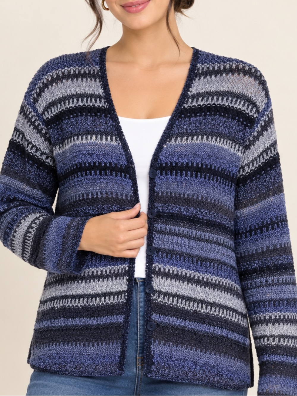 Sigrid Olsen Knitted Blue Striped V-Neck Cardigan Sweater M
